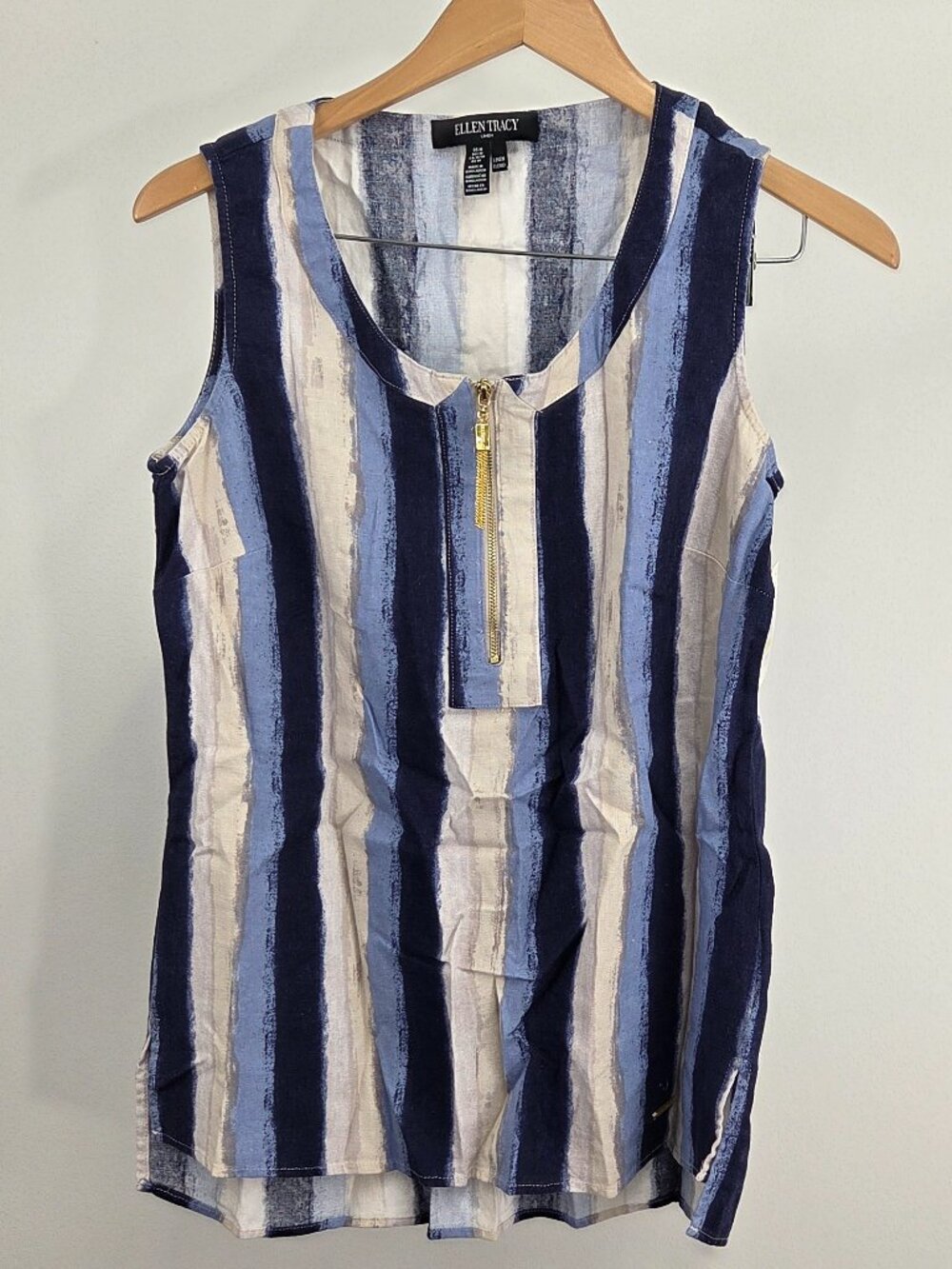 Ellen Tracy Tank Top Linen Blend Zip Neck Sleeveless Casual Medium Women’s  NWT